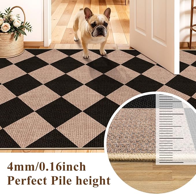 3x6 Kitchen Runner Rug Washable: Non Slip Diamond Pattern Faux Jute Rug | Thin Easy Clean Indoor Farmhouse Boho Rug for Entryway Hallway Bedroom - Outdoor Patio Rug, Home Decor Mat (Black/Brown,3x6)