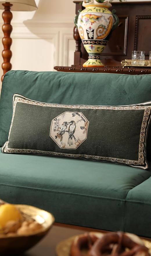 ISAENNE Vintage Linen Rectangle Throw Pillow Cover,Set of 2,28"x12"-Murad E | Designer French Green Pillow Cover,Concealed Zipper Design,Floral and Bird Pattern,Sofa,Bedroom,Living Room,Lounge Chairs