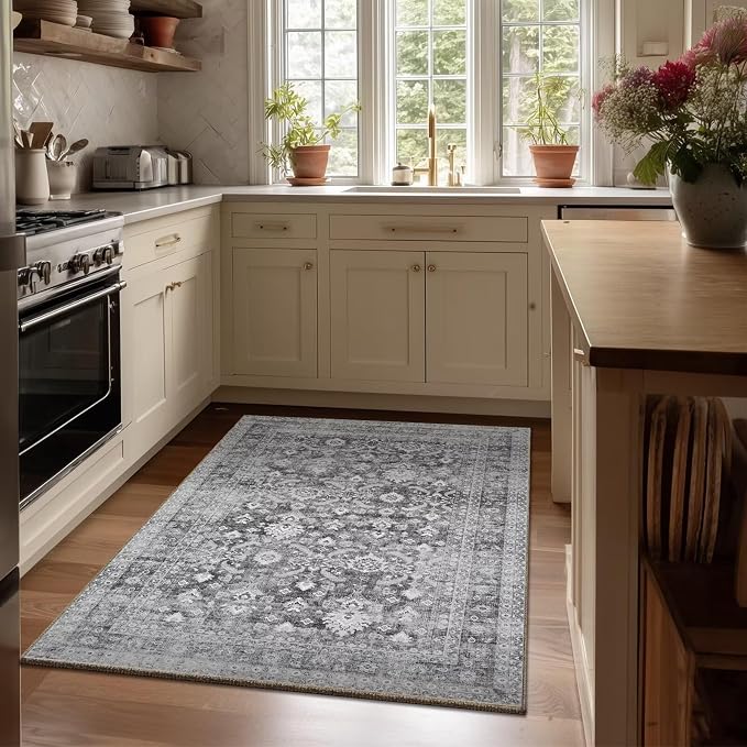 Washable 3x5 Entryway Rug, Boho Vintage Non-Slip Door Mat, Grey | 0.3" Neutral Throw Small Rugs for Bedroom Kitchen Nursery Entrance, Cushioned for High-traffic Area