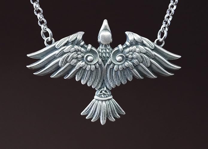 Baldur Jewelry - Viking Raven Crow Bird Necklace - Celtic Norse Odin Bird Raven Hugin Munin Pendant Necklace - Raven Wings Necklace - Raven Jewelry - Raven Skull Pendant - Raven Gifts