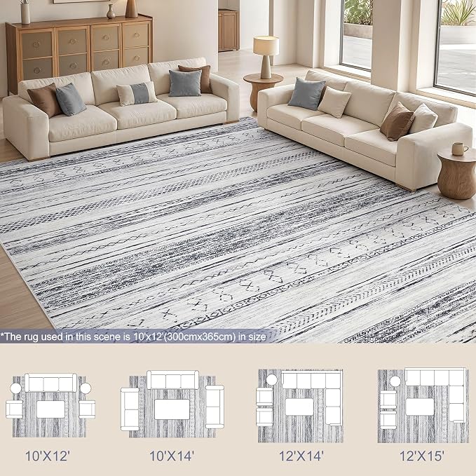 Tortania Area Rug Living Room Rugs - 10x12 Washable Large Soft Neutral Boho Moroccan Bohemian Farmhouse Rug Indoor Floor Carpet for Bedroom Under Dining Table Home Office Decor - Grey