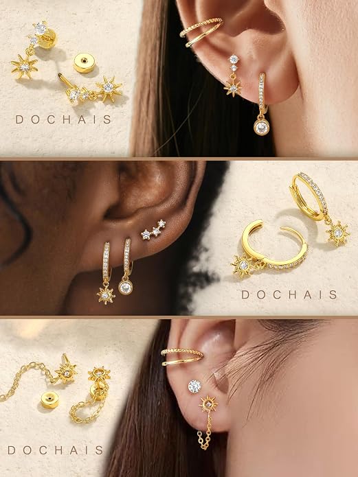Dochais Flat Back Cartilage Earrings for Women Trendy Dainty CZ Flatback Studs Earing Sets 14k Gold Plated Hypoallergenic Huggie Hoops Earring Stacks for Multiple Piercing