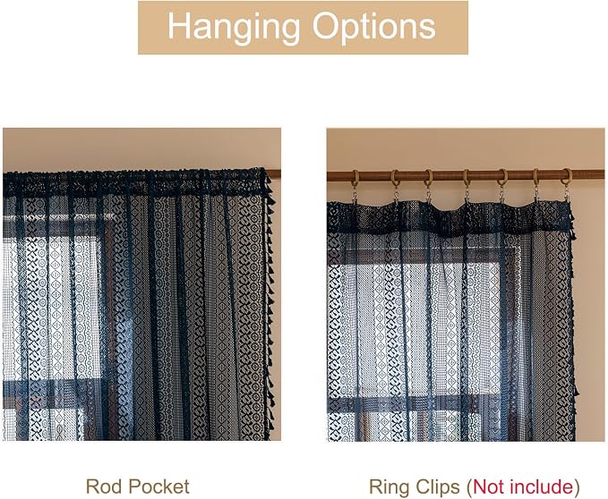 Sutuo Home Boho Lace Curtains 2 Panel Sets for Living Room Bedroom,Semi Sheer Curtains Privacy Vintage Chic Tassels Crochet Farmhouse Style Hollow Rustic Rod Pocket Festival Decor, 50" x 96" Navy Blue