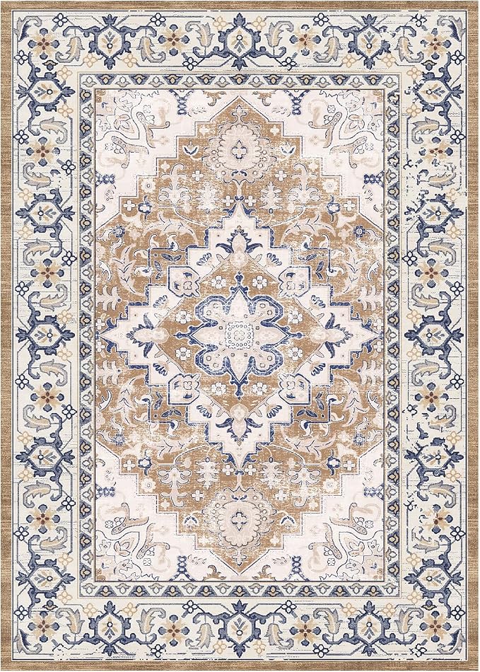 Lessymo 8 x 10 Area Rugs for Living Room- Machine Washable Area Rugs Boho Faux Wool Low Pile Area Rug for Bedroom, Floral Medallion Vintage Rugs with Non-Slip Rubber, Kid & Pet Friendly, Brown Beige