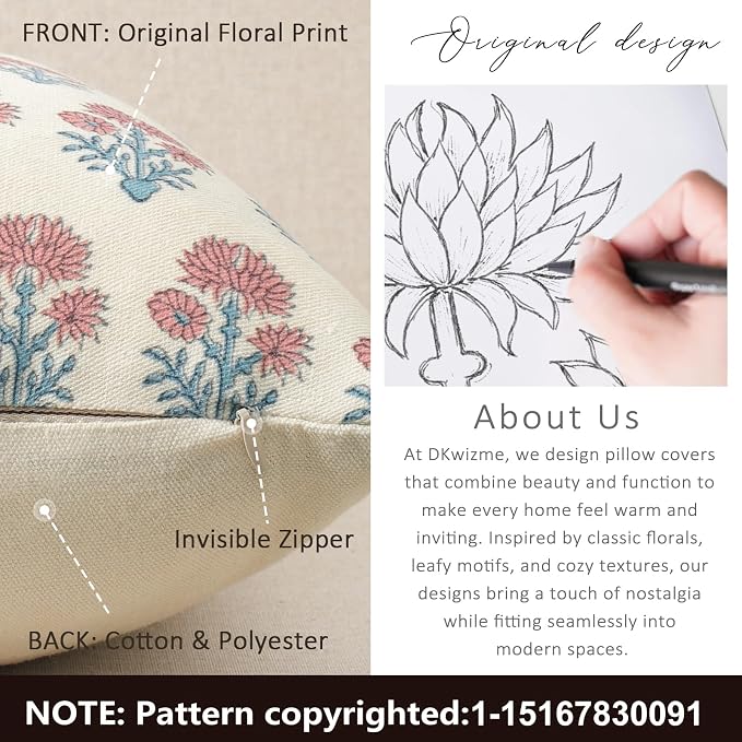 Farmhouse Floral Pillow Covers 18x18 Set of 2, Country Botanical Throw Pillow Cover for Sofa Couch Bed Living Room, Earthic Vintage Flower Cushion Covers Cottage Home Decor,Coastal Sky