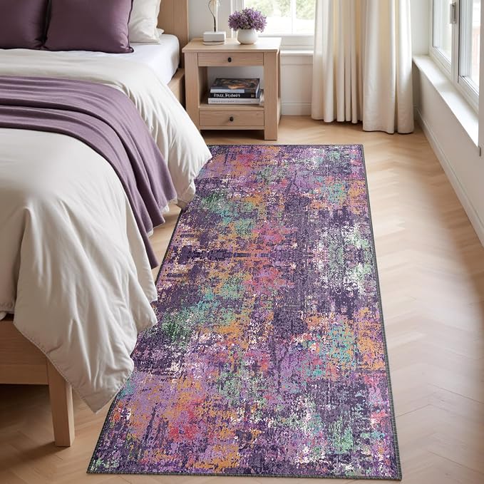 RELEANY Washable Area Rugs 2'x10' Non-Slip Modern Abstract Soft for Living Room Entryway Bedroom Kitchen, Print Pattern, Purple Orange Blue Green Rust Red Colorful