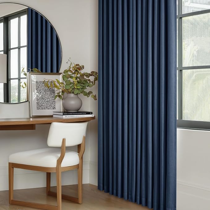 Navy Blue Pinch Pleated Full Blackout Linen 80 Inch Window Curtains | Room Darkening Thermal Insulated, for Living Room Bedroom, Back Tab Pinch Pleat Drapes with Hooks Rings, W40xL80 2 Panels