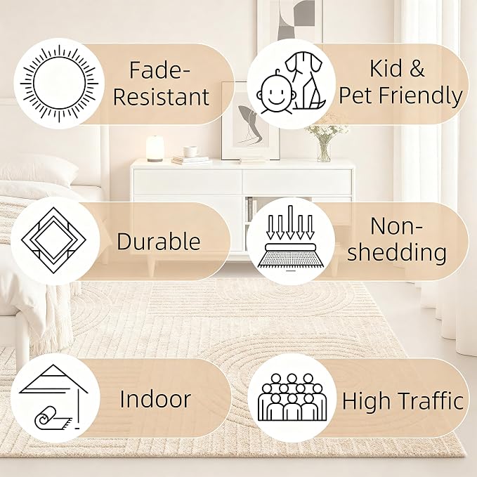 Brown Solid Area Rug 9x12, Large Washable Living Room Rug, Ultra Soft Indoor Rugs for Bedroom, Modern Geometric Boho Pattern High-Low Textured Carpet for House Apartment, Home Office Decor