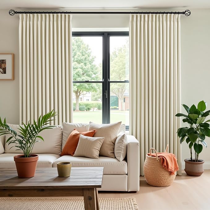 IVAPUPU Cream Beige Pinch Pleated Full Blackout Linen Curtains for Bedroom, Black Out Curtains 84 Inches Long for Living Room Darkening Thermal Insulated Neutral Pleat Drapes with 16 Hooks, 2 Panels