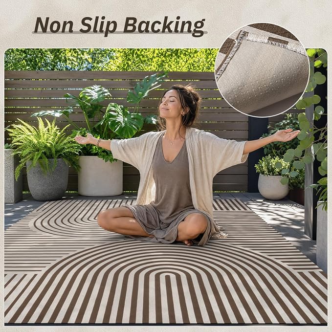 AMOAMI Outdoor Rug Patio Rug 8x10 ft Quick Dry Flatweave Textured Machine Washable Outdoor Carpet with Rubber Particles Backing Boho Outdoor Area Rug for Patio Deck Front Porch Balcony Greyish Brown