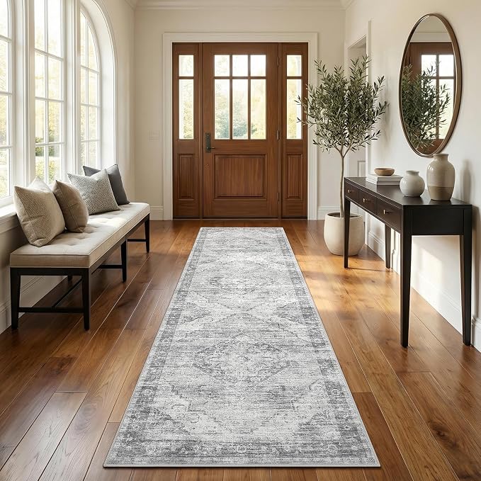 Garvee Grey 2x6 Kitchen Runner Rug Washable Non Slip Boho Vintage Long Rug for Hallway Bathroom Entryway Laundry Room Mat TPE Backing