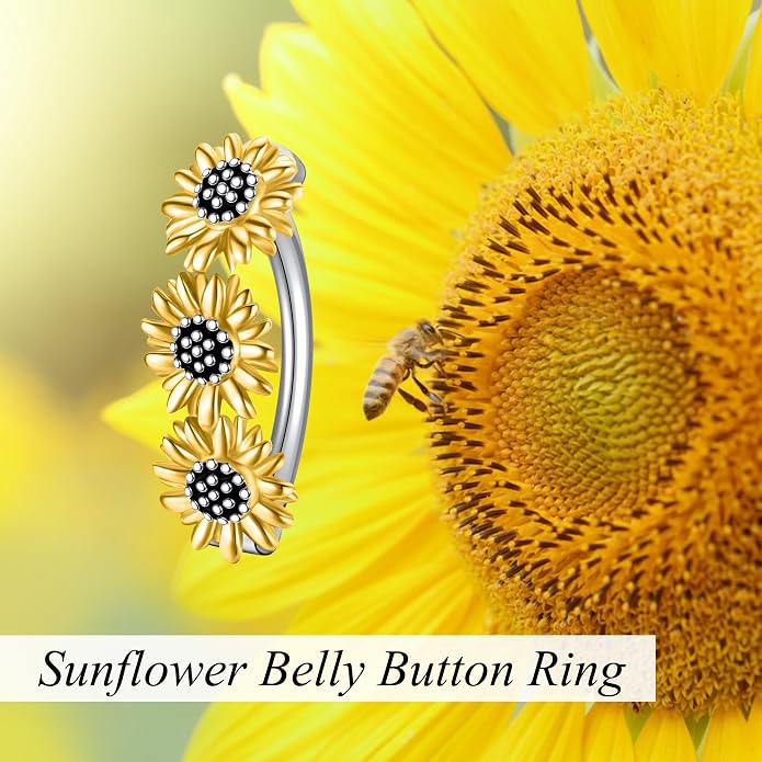 Sunflower Daisy Belly Button Ring Dangle Hoop 925 Sterling Silver Hypoallergenic Belly Button Piercing Body Navel Rings Sexy Belly Button Jewelry Gifts for Women (14G)
