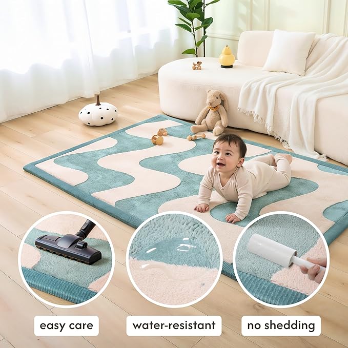 Hakuna Matte CloudRise Baby Play Mat for Floor 60" x 80" Waves | Coral Velvet high-density foam Rug for Crawling & Cozy Play – Non-Slip, Water-Resistant, Easy-CareTummy Time Mat