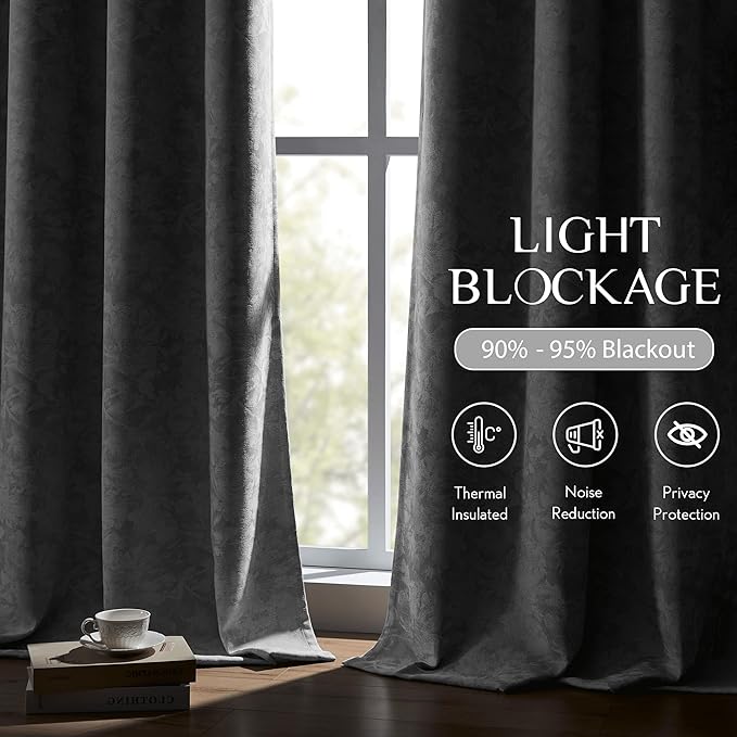 Beauoop Grey Floral Jacquard Blackout Curtains for Bedroom 52x63 2 Panels | Flower Chenille Room Darkening Drapes for Living Room 63 Inch Long Thermal Insulated Soundproof Window treatment Rod Pocket