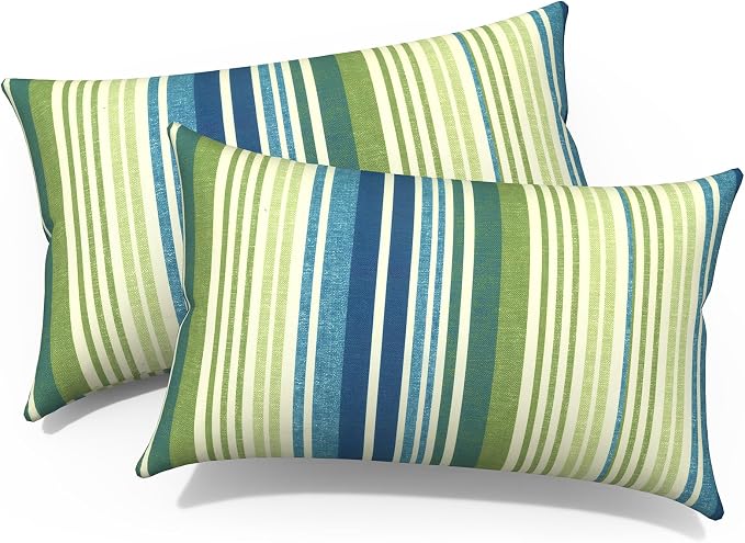 Outdoor Lumbar Pillows, Water Repellent Cushion Pillows 12x20 Inch, Outdoor Pillows with Inserts for Home Garden, Pack of 2, Stripe Blue Green