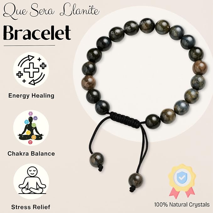 Amazing Gemstone Que Sera Stone Llanite Bracelet, Gifts for Men & Women - Protection Healing Crystal Bracelet - 8mm Gemstone Beaded Adjustable Bracelet, Pulseras para Hombres Mujer Stocking Stuffers