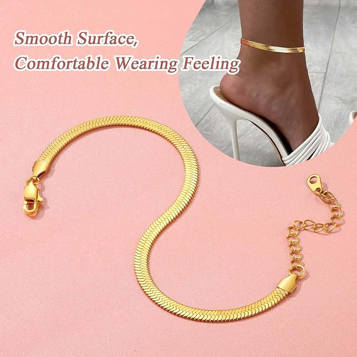 FindChic Elegant Herringbone Snake Chain Anklets/Bracelets 3MM/5MM Width Stainless Steel/18K Gold/Rose Gold Plated/Black 4 Color Options, 8.3'' 8.5'' 10.5'' Length, with Gift Box