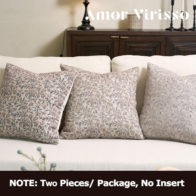 Amor Virisso Floral Throw Pillow Covers 20x20 Set of 2 Vintage Block Print Pillow Covers Decorative Pillow Covers Couch Pillows for Living Room Farmhouse Accent Sofa Pillows, Yellow/Sand