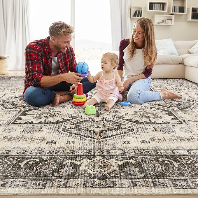 Area Rug for Living Room - 10x14 Soft Machine Washable Oriental Vintage Floral Distressed Large Indoor Floor Carpet for Bedroom Under Dining Table Home Office Decor - Grey Brown
