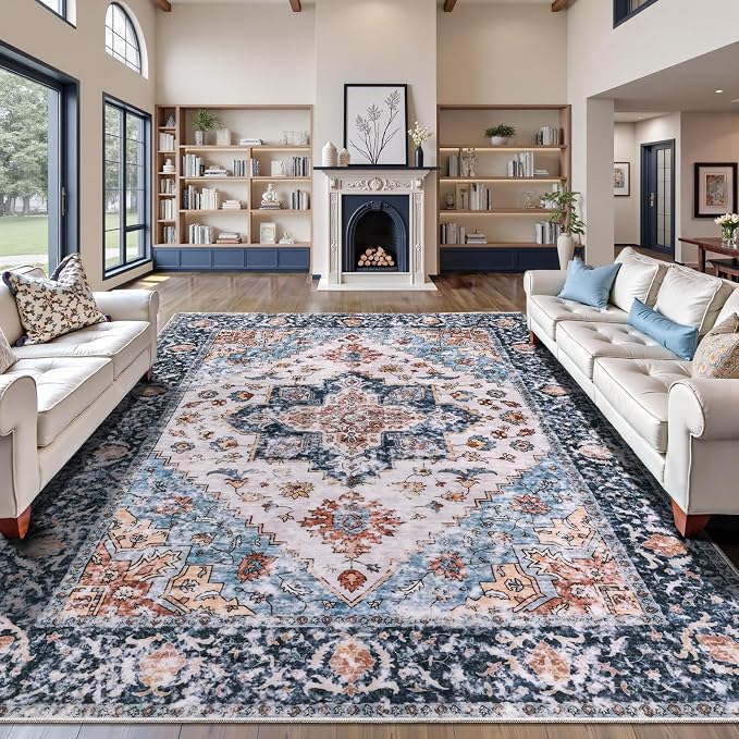 SERISSA Washable Rugs 9x12 Area Rugs, Large Non-Slip Blue Orange Living Room Rug, Ultra Soft Boho Vintage Print Distressed Oriental Farmhouse Carpet for Dining Room Bedroom Dorm Office Home Decor