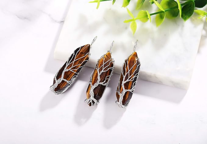 XIANNVXI Tree of Life Wire Wrapped Crystal Point Pendant Necklace Reiki Healing Crystal Tiger Eye Stone Necklaces Natural Hexagonal Gemstone Quartz Jewelry for Women