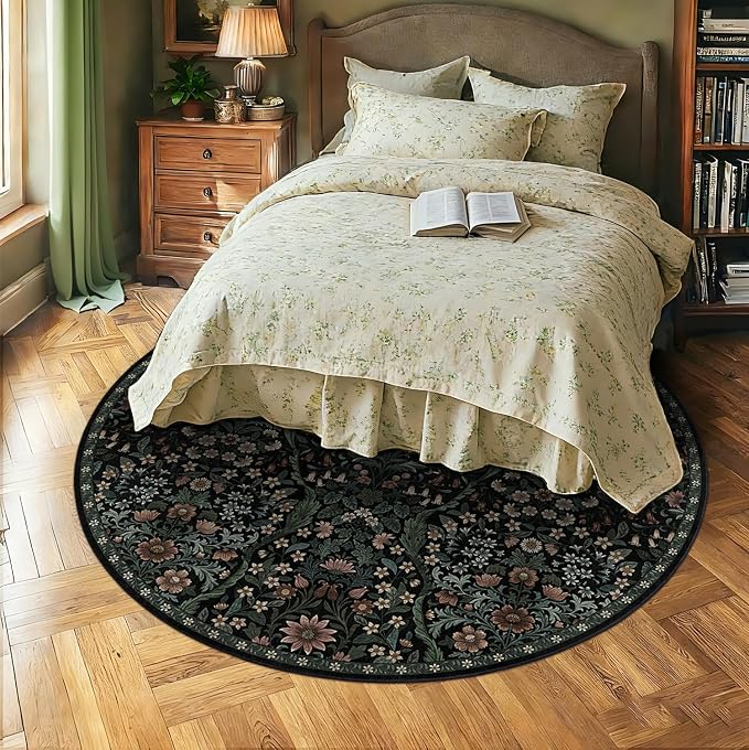 Round Rug 7ft Black Washable Floral Circle Rug,Vintage Boho Botanical Round Area Rugs, Non-Slip Soft Low-Pile Circular Carpet for Bedroom,Kids Room,College Dorm,Home Decor