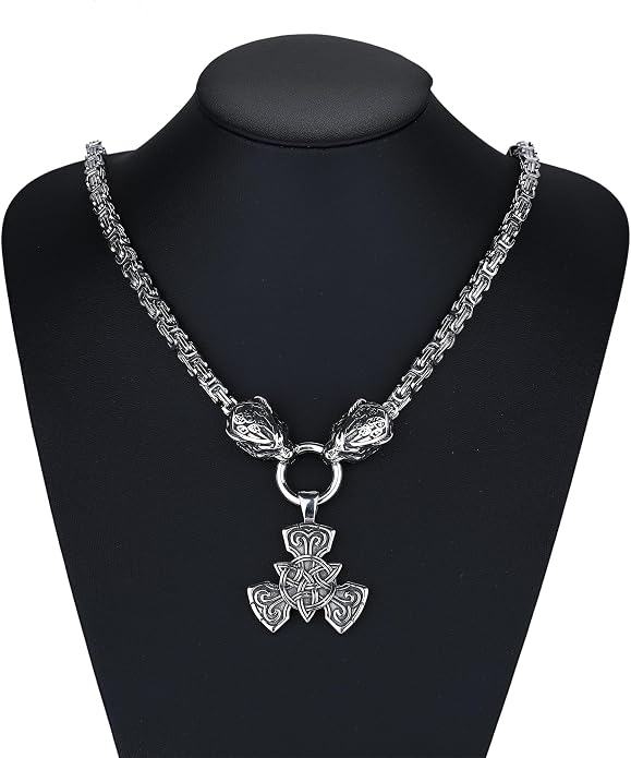 ROWIN&CO Viking Necklace for Men, Stainless Steel Nordic Runes Wolf Head Spearhead & Trinity Knot Pendant with Byzantine Chain Amulet, Norse Mythology Pagan Gothic Biker Jewelry Gift