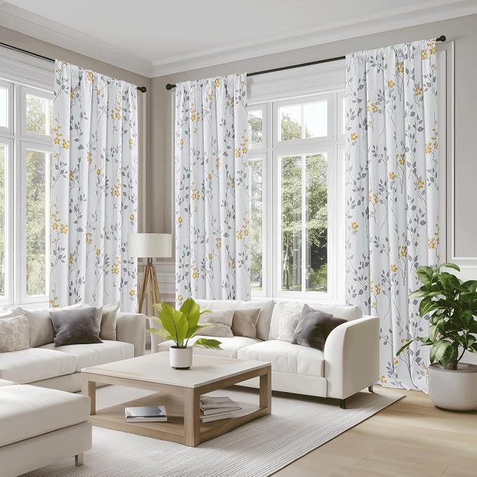 Beauoop Floral 100% Blackout Curtains Bedroom Yellow Grey 52X96 2 Panels | Flower Patterned Yellow White Room Darkening Drapes for Living Room Thermal Soundproof Window treatment Rod Pocket