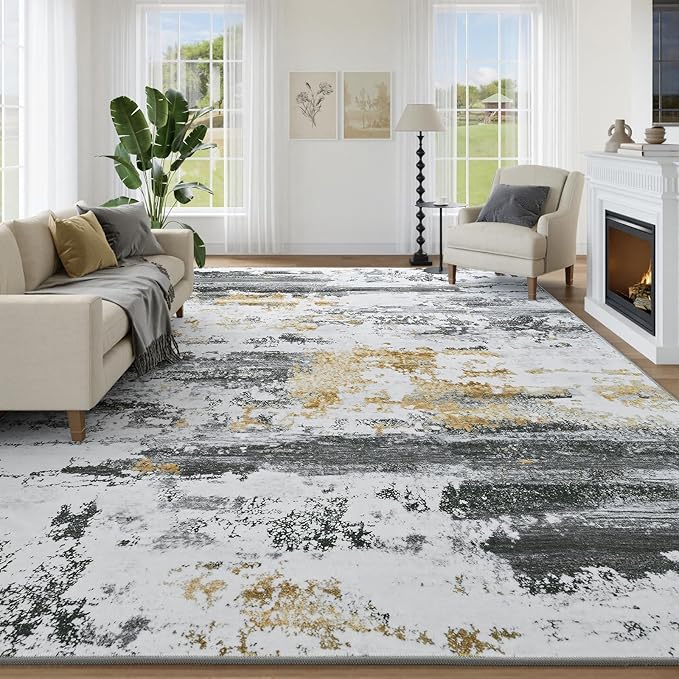 Kelarea Washable Area Rug for Living Room, 5x7 Non Slip Modern Abstract Grey Rugs, Easy Clearning Low Pile Large Carpet for Bedroom, Dining Room, Nursery, Office