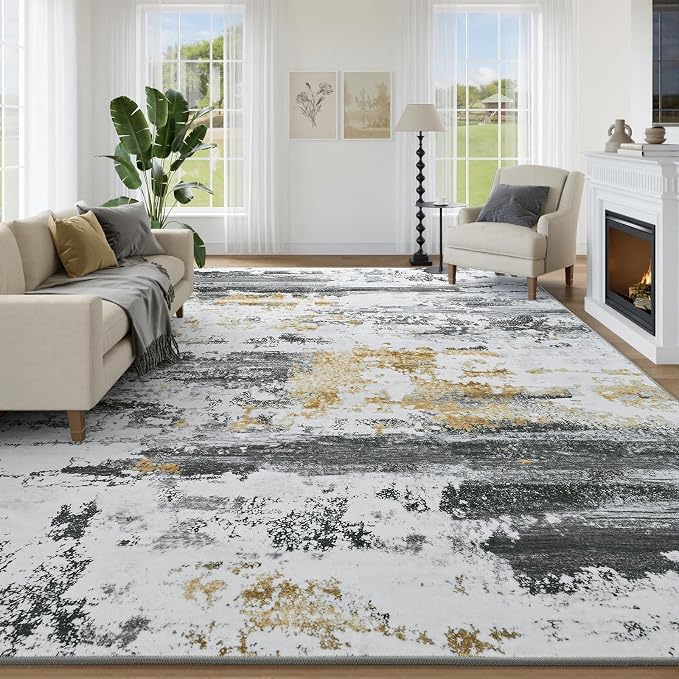 Kelarea Washable Area Rug for Living Room, 6x9 Non Slip Modern Abstract Grey Rugs, Easy Clearning Low Pile Large Carpet for Bedroom, Dining Room, Nursery, Office