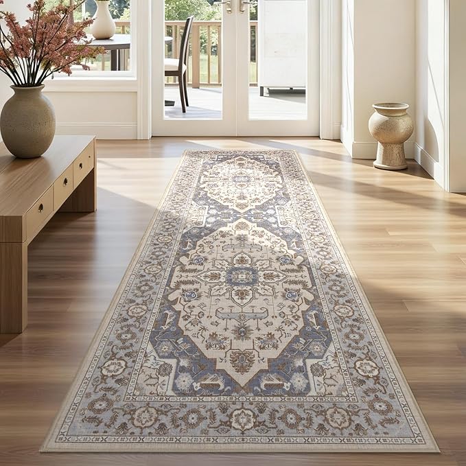 Joydeco Washable 2x6 Hallway Runner Vintage, Beige & Blue & Reddish-Brown | Water Resistant Low Pile Non Slip Backing for Kitchen Entryway Bedroom Bathroom Dining Room