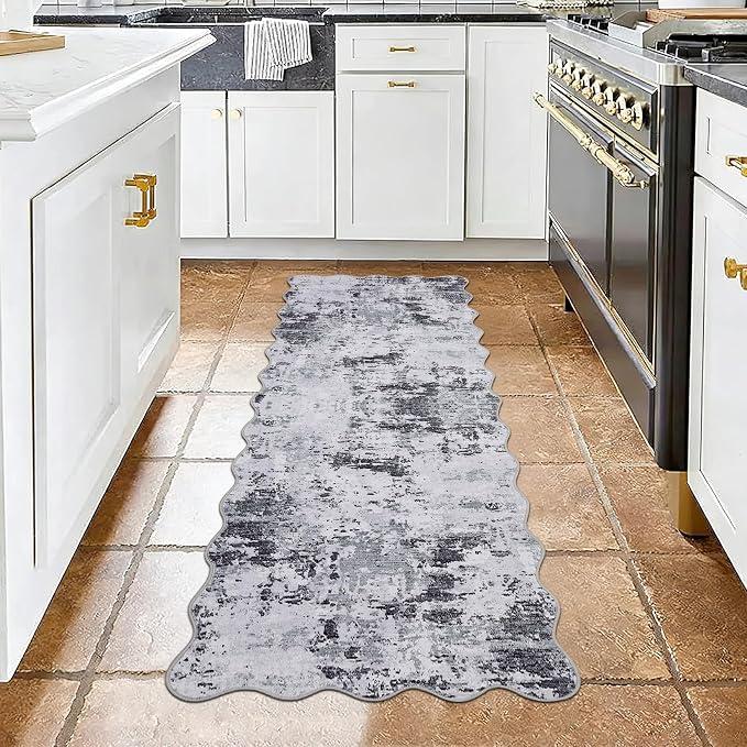 ROYHOME Scalloped Runner Rug 2x6 Modern Abstract Non Slip Soft Stain Resistant Low Pile Machine Washable Non Shed Rug for Hallway Kitchen Bathroom, Grey