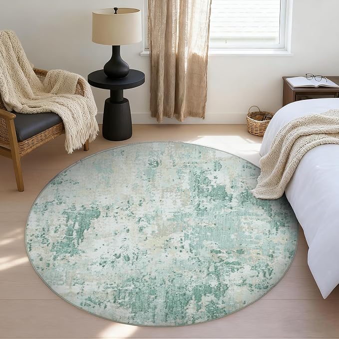 ROYHOME Modern Abstract 8x8 Round Area Rug Non Slip Non Shedding Rug Low Pile Stain Resistant for Bedroom Living Room Office Dining Room,Green