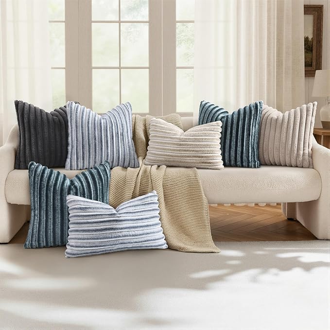 decorUhome Fall Faux Fur Throw Pillow Covers 22x22 Set of 2 Grey White | Decorative Soft Cozy Striped Plush Modern Farmhouse Boho Couch Pillow Cases Velvet Back for Sofa Bed Living Room Home Decor