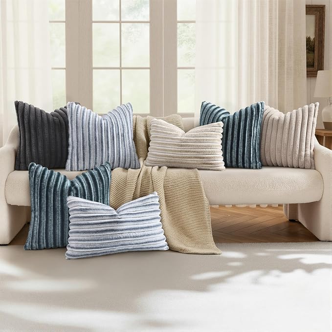 decorUhome Fall Faux Fur Throw Pillow Covers 16x16 Set of 2 Dark Grey | Decorative Soft Cozy Striped Plush Modern Farmhouse Boho Couch Pillow Cases Velvet Back for Sofa Bed Living Room Home Decor