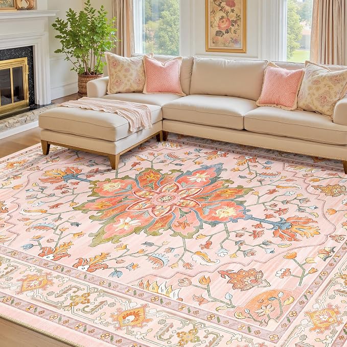 RELEANY Area Rugs 7'x9' Washable Non-Slip, Floral Vintage Distress Medallion Carpet for Living Room Bedroom Dining Room, Light Pink Colorful