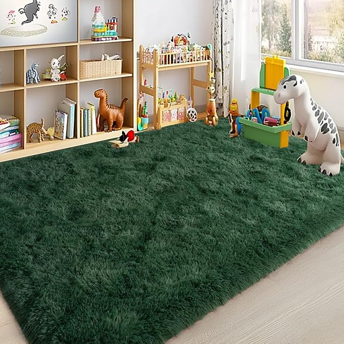 Large Area Rugs for Living Room Bedroom 6x9 Dark Green Shag Rugs | Ultra Soft Fluffy Shaggy Plush Fuzzy Modern Indoor Throw Floor Carpet for Kids Girls Boys Dorm Nursery Home Decor Aesthetic
