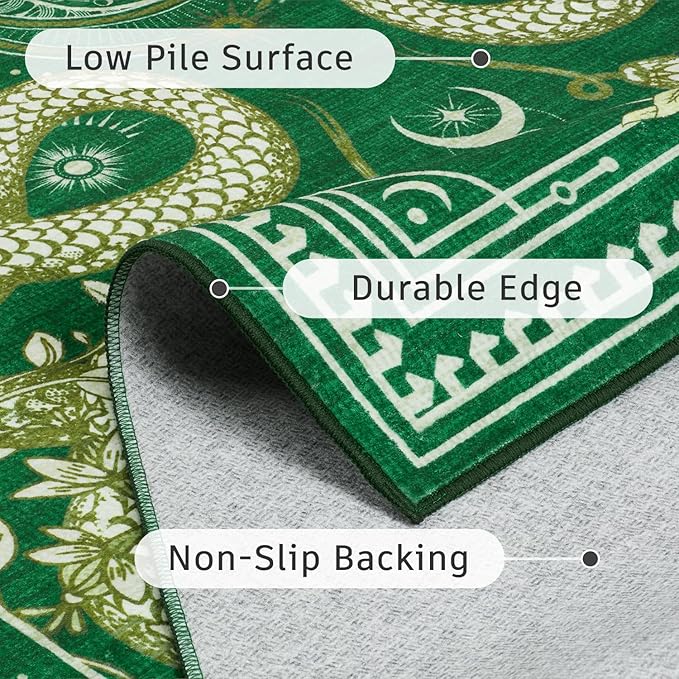 DCX Washable 6x9 Snake Rug, Green Gothic Rug for Living Room, Soft Low Pile Carpet, Kid & Pet Friendly with Rubber Back Non Slip, Stain Resistant Rug for Bedroom Dining Room Office