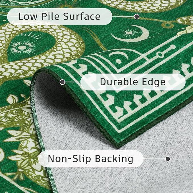 DCX Washable 2x6 Snake Runner Rug, Green Gothic Rug for Living Room, Soft Low Pile Carpet, Kid & Pet Friendly with Rubber Back Non Slip, Stain Resistant Rug for Bedroom Dining Room Office