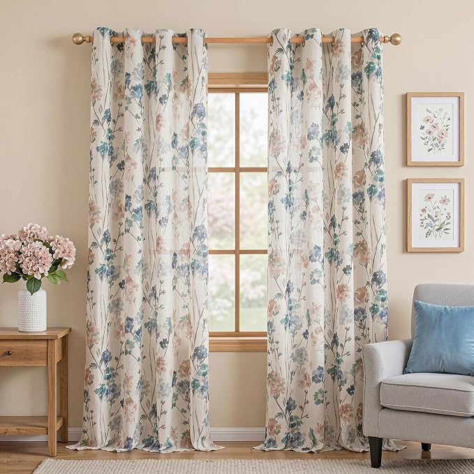 MYSKY HOME Floor to Ceiling Linen Floral Curtains 108 Inch Length 2 Panels Semi Sheer Light Filtering Farmhouse Flower Print Patterned Window Grommet Curtains for Dining Room, 52" W Each Panel, Brown
