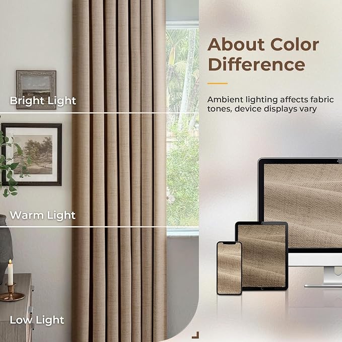 INOVADAY 100% Blackout Curtains for Bedroom, Taupe Black Out Curtains 84 Inch Long, Clip Rings Linen Blackout Drapes, Thermal Insulated Room Darkening for Living Room, 2 Panels - W50xL84