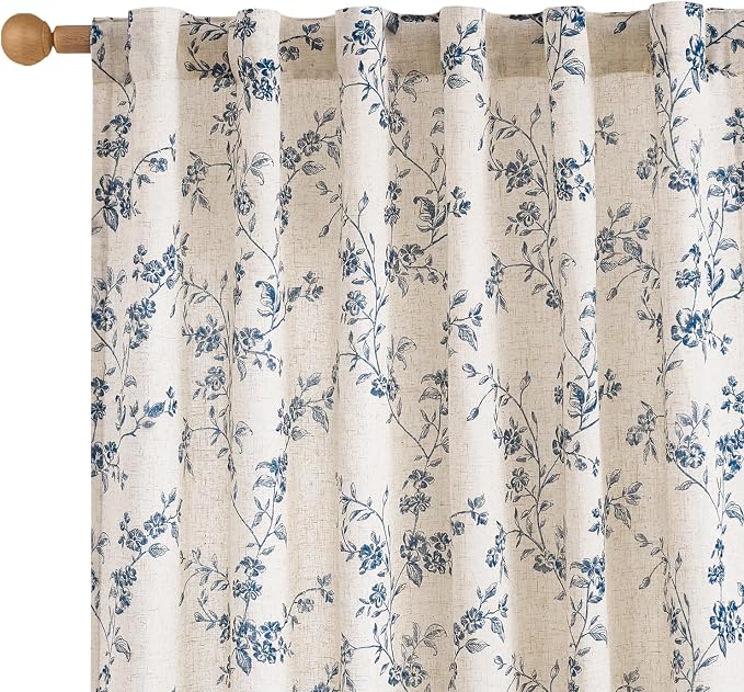Lazzzy Blue Floral Linen Curtains 84 Inch Length Farmhouse Curtain Back Tab Drapes for Living Room Bedroom Light Filtering Vintage Rod Pocket Curtains, 2 Panels, Blue on Beige