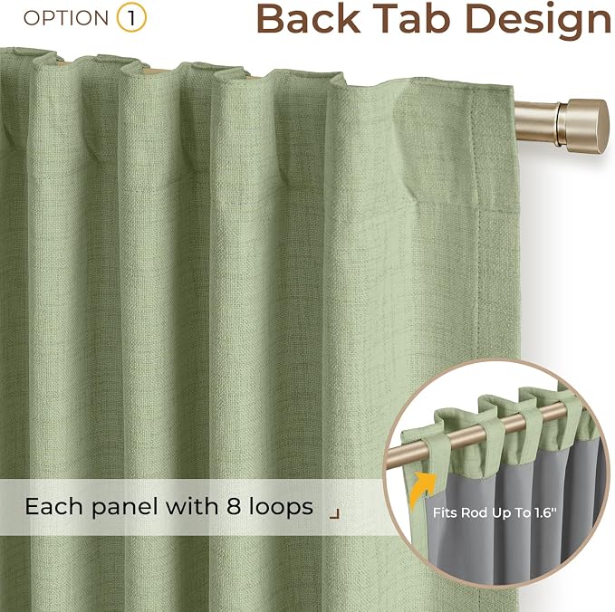 INOVADAY 100% Blackout Curtains 96 Inches Length 2 Panels Set, Back Tab/Rod Pocket Linen Black Out Curtains for Bedroom, Thermal Insulated Window Drapes - Sage, W50 X L96