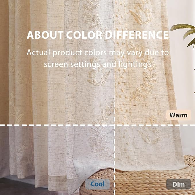 jinchan Floral Linen Curtains 63 Inch Farmhouse Back Tab 4 Panels Ivory | Embroidered curtains,boho curtains,living room,bedroom,light filtering,privacy,flower patterned drapes,window treatment