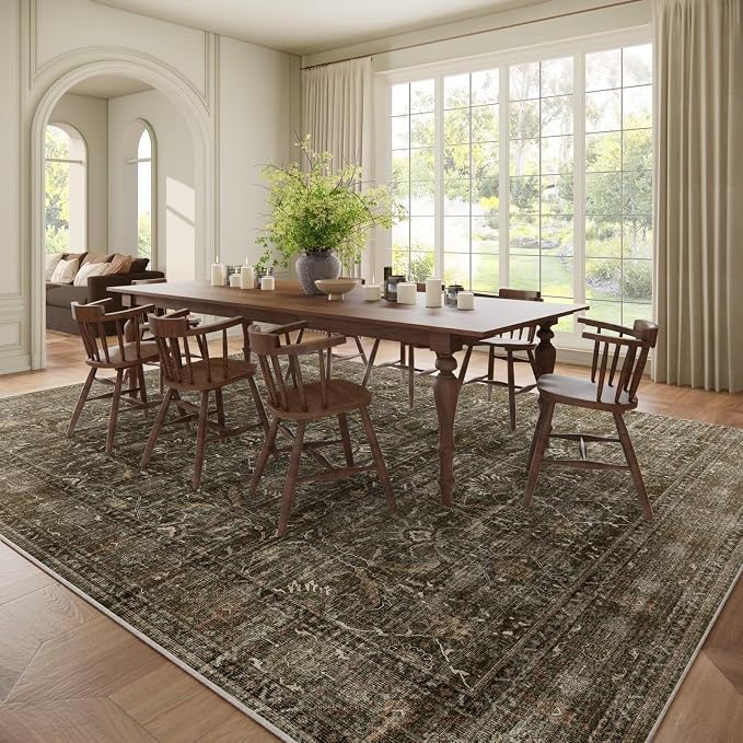 Boho Washable 10x14 Area Rugs for Living Room, Cushioned, Red/Brown | Vintage Non-slip Neutral Oriental Rugs for Bedroom Dining Room Nursery Office High Traffic Area