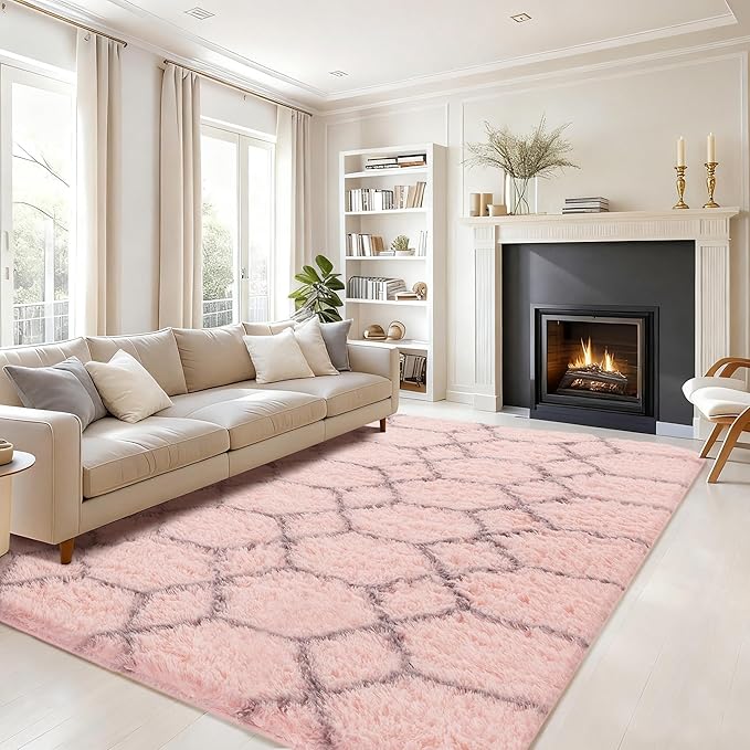 Fluffy Rug for Living Room, Soft Modern 8x10 Pink and Grey Shag Area Rugs | Non Slip Pink Carpet for Bedroom, Home Decor Aesthetic, Washable Large Fuzzy Plush Floor Mat for Nursery Teen Dorm