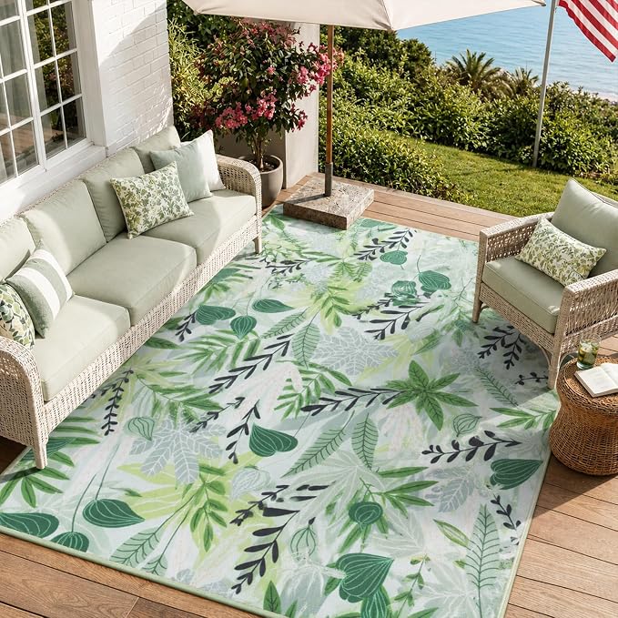 Lahome Leaf Indoor Outdoor Rug, 5x8ft Non Slip Outdoor Patio Rug for Balcony Deck, Portable Outdoor Carpet for Camping Picnic Backyard, Breathable RV Mat Outdoor Rugs for Living Room Bedroom,Green