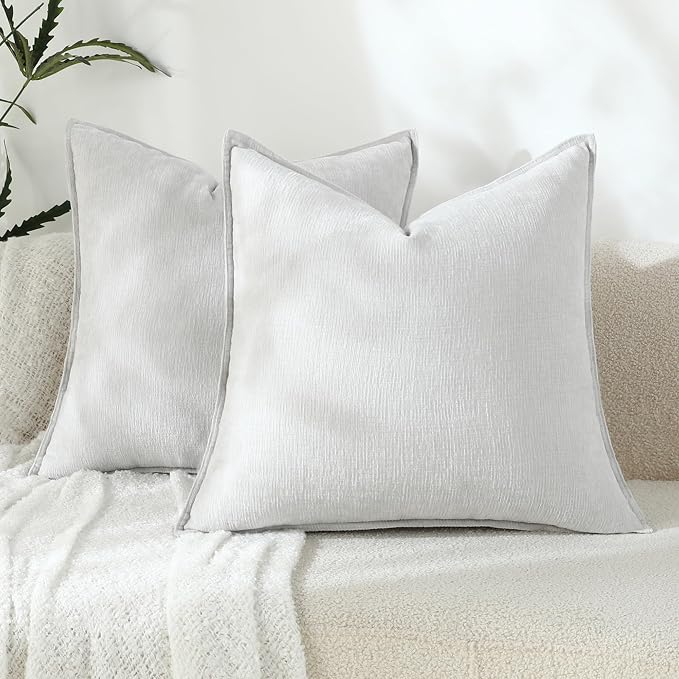 Stellhome Pack of 2 Soft Textured Throw Decorative Pillow Covers Square Accent Solid Chenille Cushion Cover Cozy Farmhouse Pillow Case for Couch Sofa Bedroom Living Room 24x24 Inch, Light Grey
