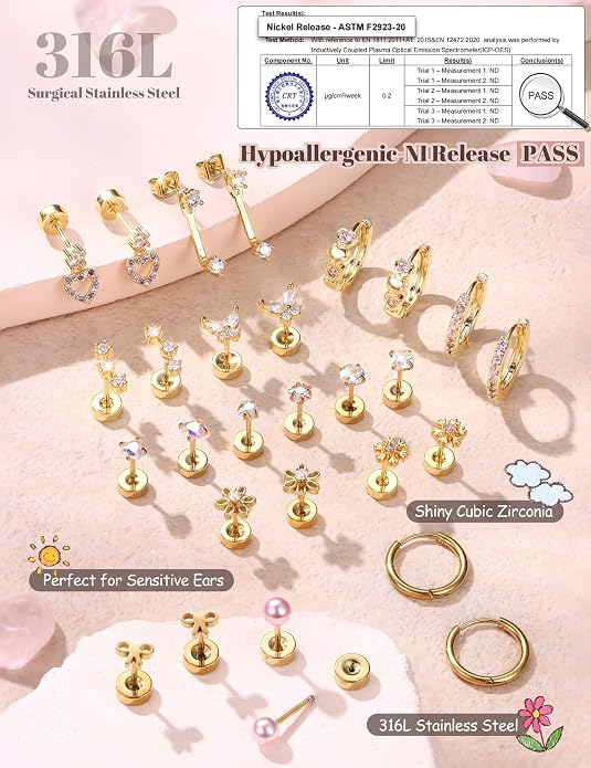LOLIAS Hypoallergenic Flat Back Earrings for Women Girls-Surgical Stainless Steel Earrings for Sensitive Ears-Cute Flatback Stud Earring Set Small Hoops Cartilage Earring Stacks