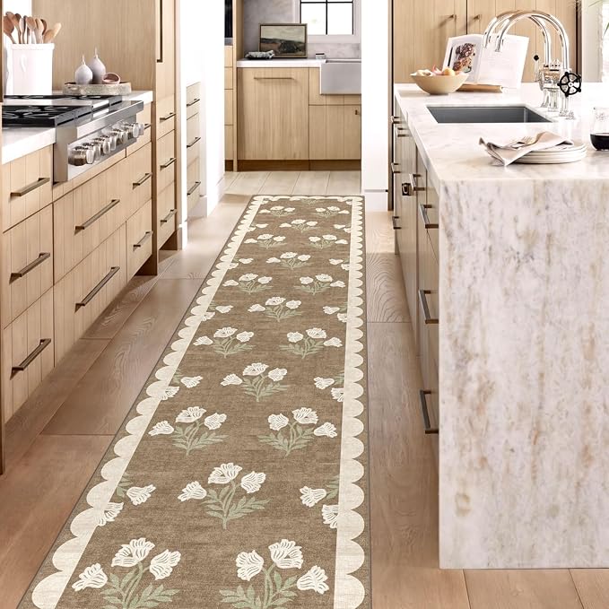 Non Slip Washable Hallway Runner Rug - 2x12 Extra Long Tan Kitchen Runner Rug Soft Boho Runners for Hallways Vintage Floral Scalloped Area Rug for Bedroom Entryway Foyer Stair Runner Decor